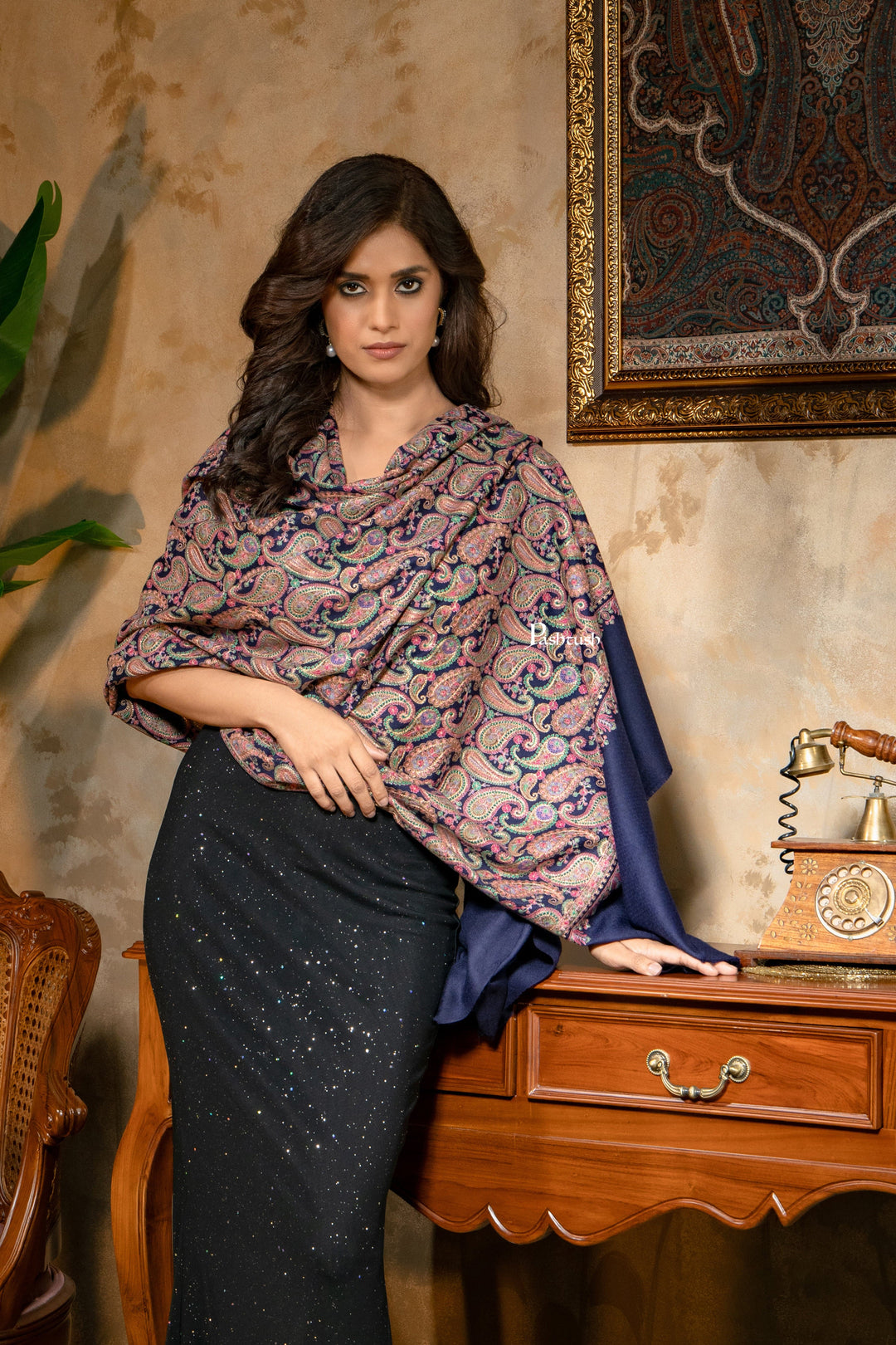 Pashtush India Womens Shawls Pashtush Womens Fine Wool Shawl, Heavy Jaal Nalki Embroidery Design, Blue