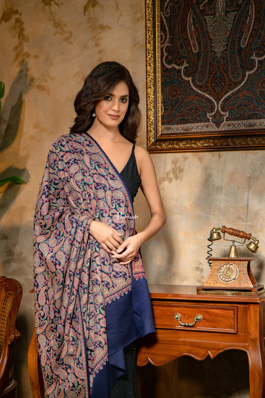 Pashtush India Womens Shawls Pashtush Womens Fine Wool Shawl, Heavy Jaal Nalki Embroidery Design, Blue