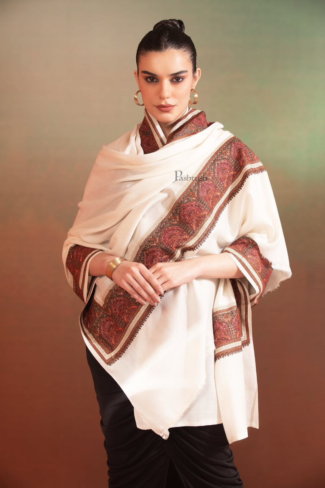 Pashtush India Womens Shawls Pashtush Womens Fine Wool Shawl, Kashmiri Border Embroidery With Tilla Design, Ivory
