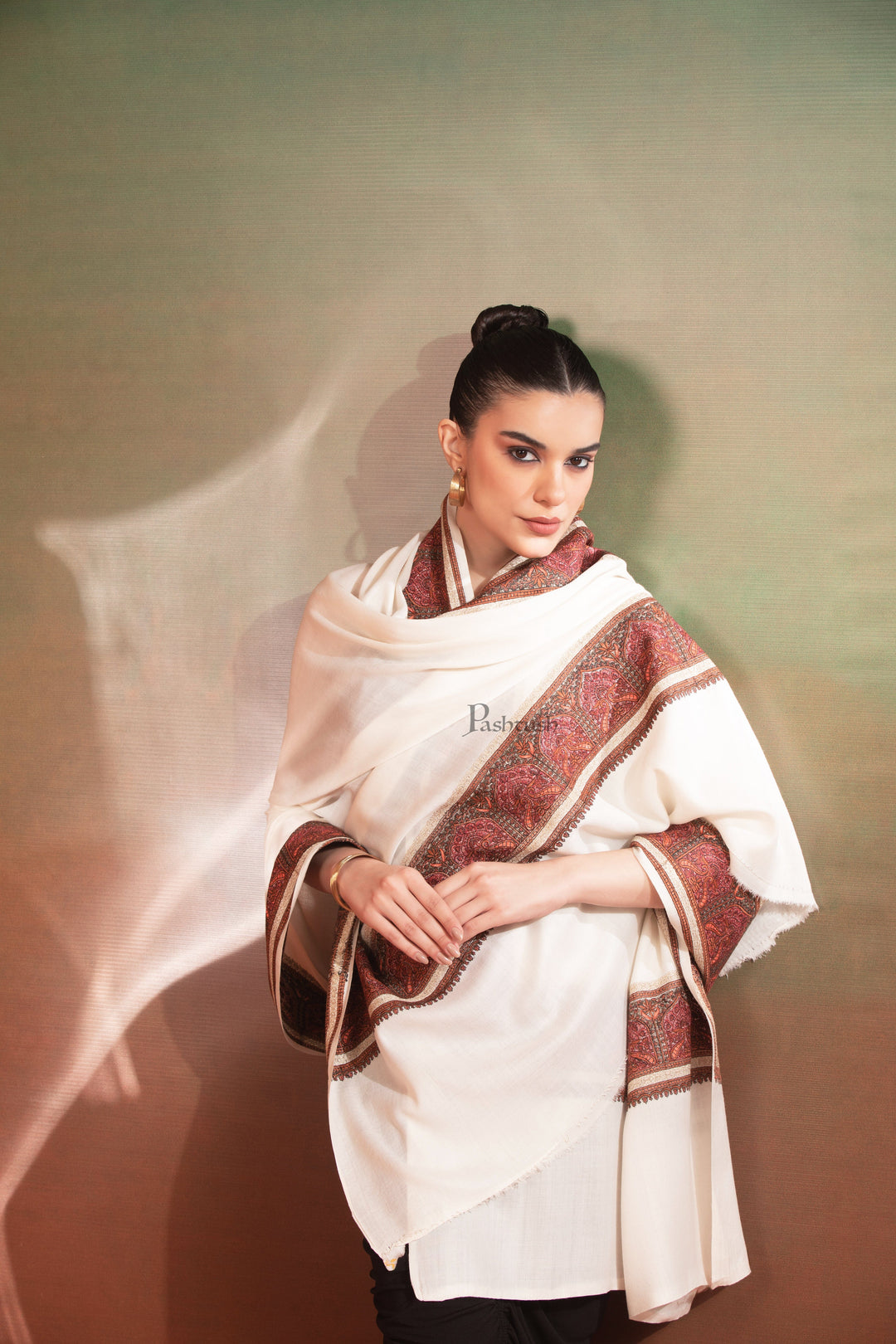 Pashtush Womens Fine Wool Shawl, Kashmiri Border Embroidery With