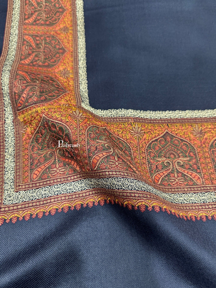 Pashtush India Womens Shawls Pashtush Womens Fine Wool Shawl, Kashmiri Border Embroidery With Tilla Design, Navy Blue