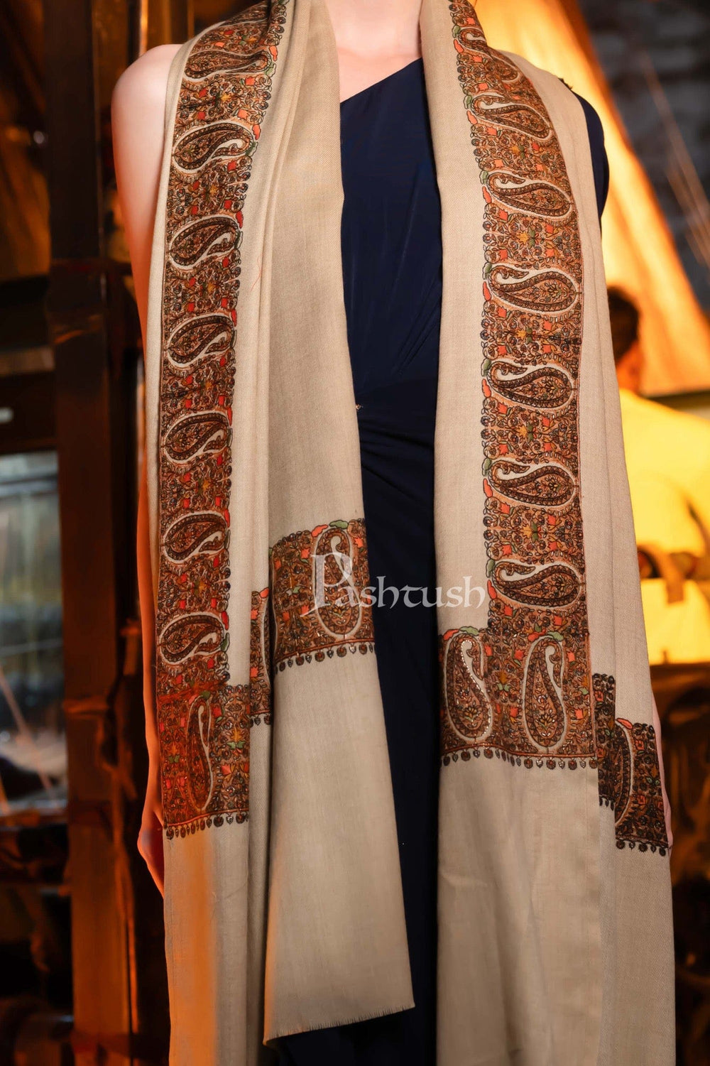 Pashtush Womens Fine Wool Shawl, Kashmiri Border Embroidery With