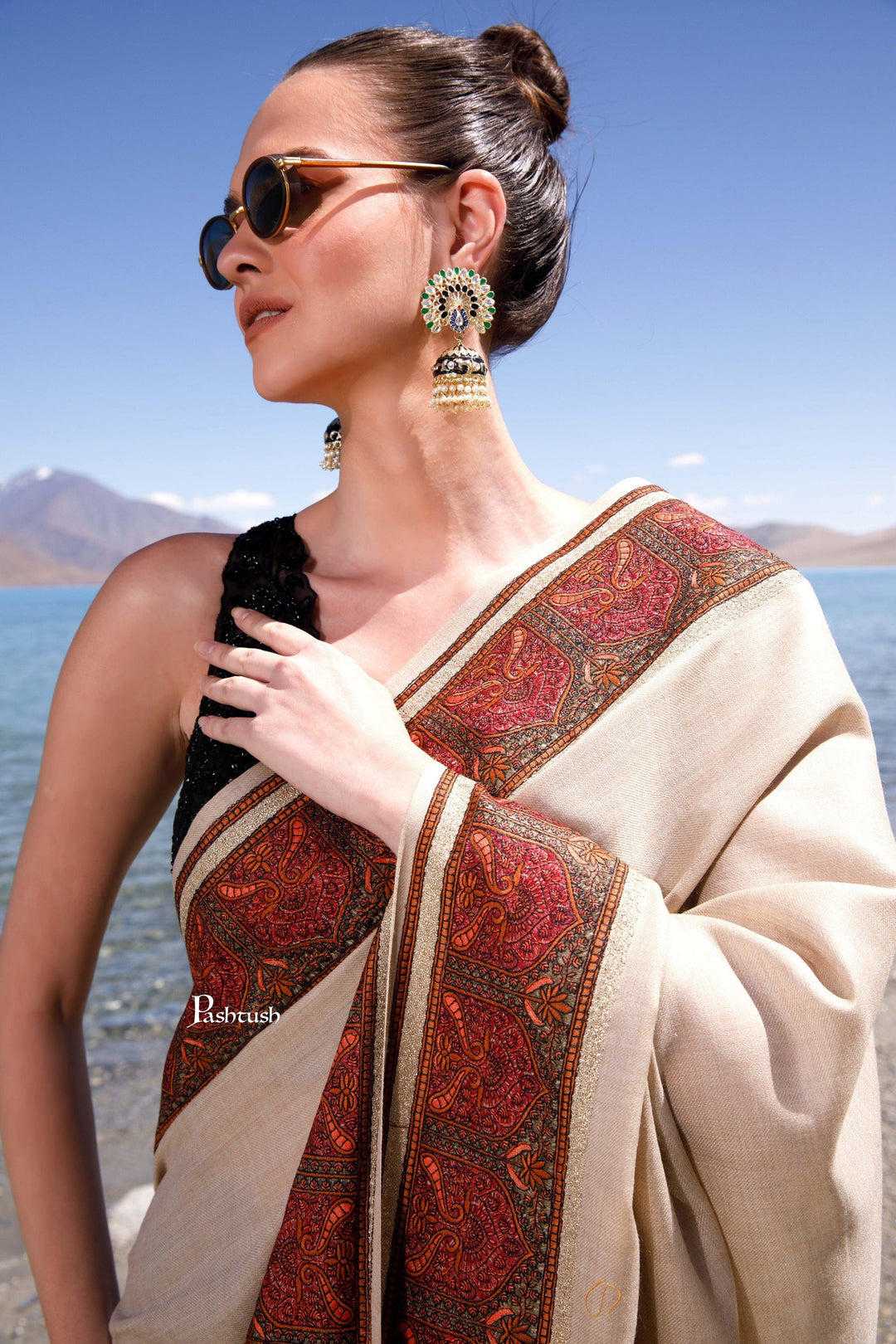 Pashtush India Womens Shawls Pashtush Womens Fine Wool Shawl, Kashmiri Embroidery, Challa Daur With Metallic Border Design, Beige