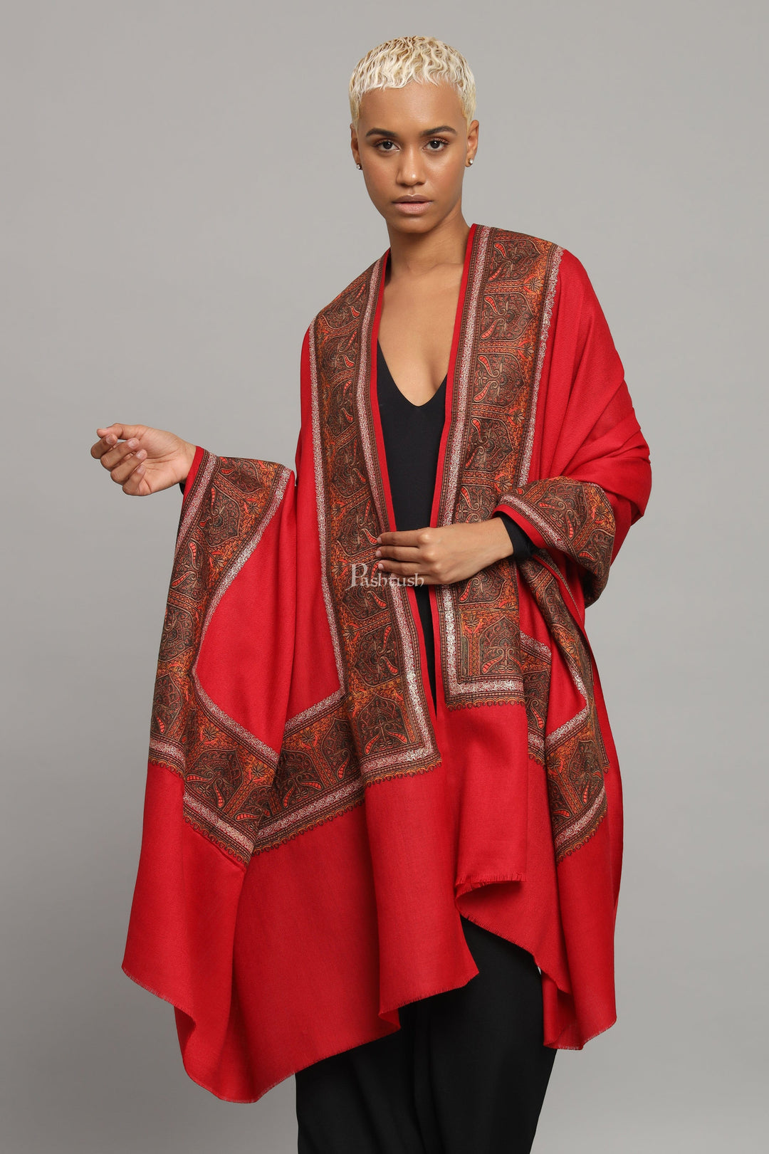 Pashtush India Womens Shawls Pashtush Womens Fine Wool Shawl, Kashmiri Embroidery, Challa Daur With Metallic Border Design, Red