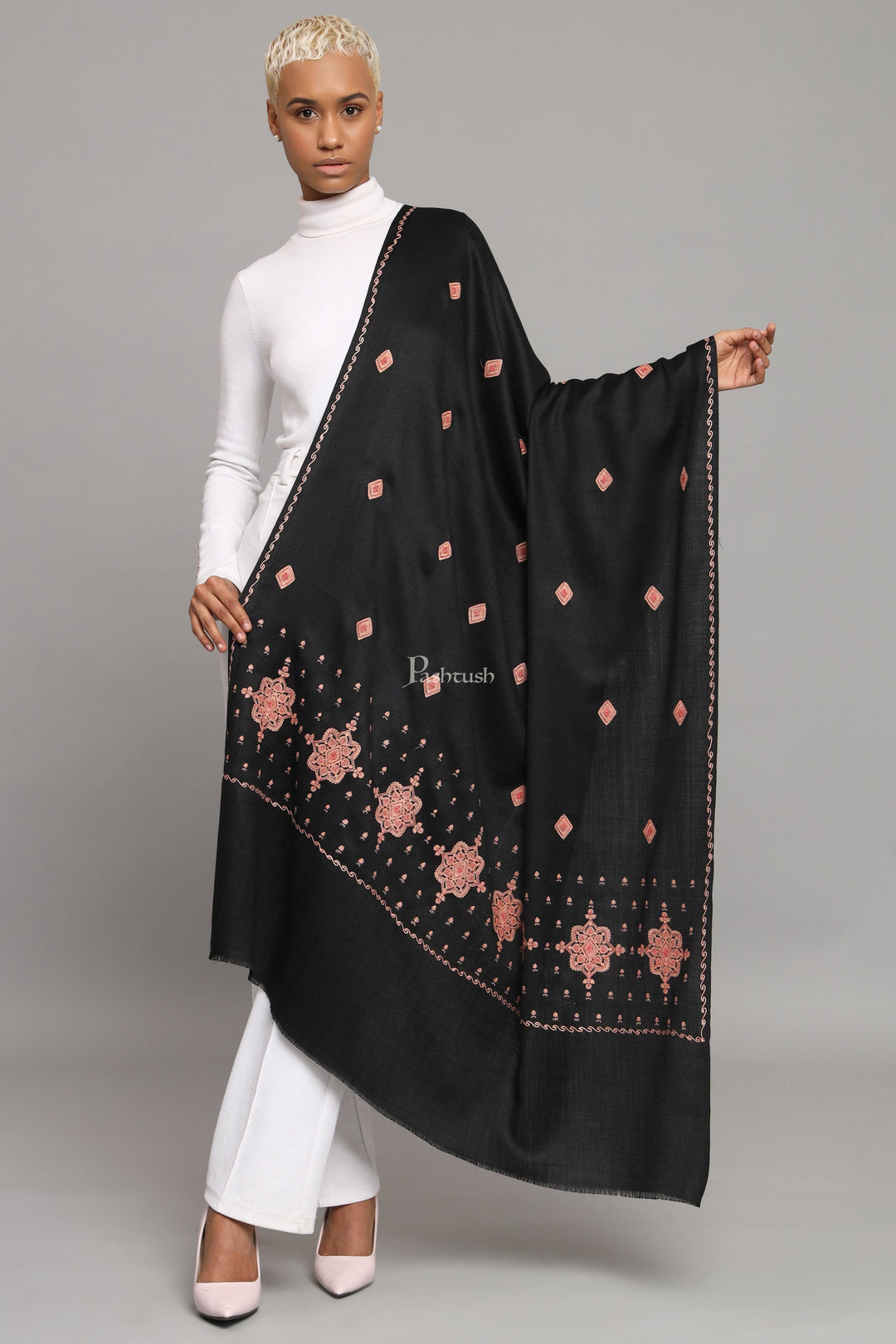 Pashtush India Womens Shawls Pashtush Womens Fine Wool Shawl, Kashmiri Embroidery Palla Design, Black