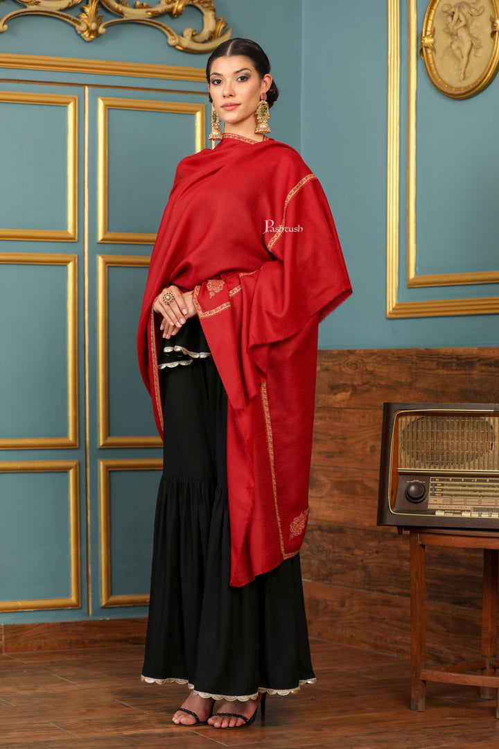 Pashtush India Womens Shawls Pashtush Womens Fine Wool Shawl, Kashmiri Hand Embroidered Kingri Design, Red