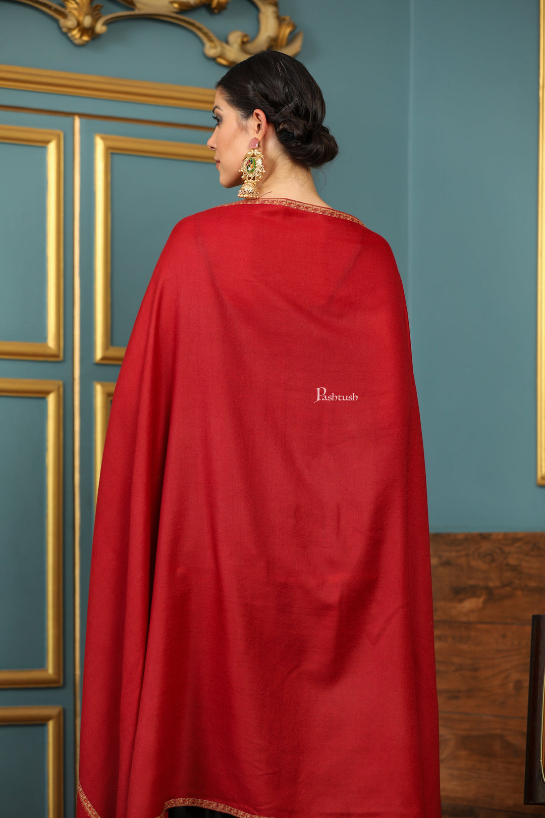 Pashtush India Womens Shawls Pashtush Womens Fine Wool Shawl, Kashmiri Hand Embroidered Kingri Design, Red