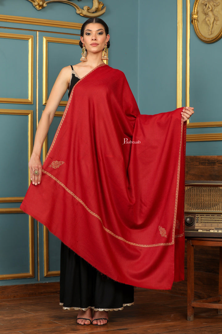 Pashtush India Womens Shawls Pashtush Womens Fine Wool Shawl, Kashmiri Hand Embroidered Kingri Design, Red