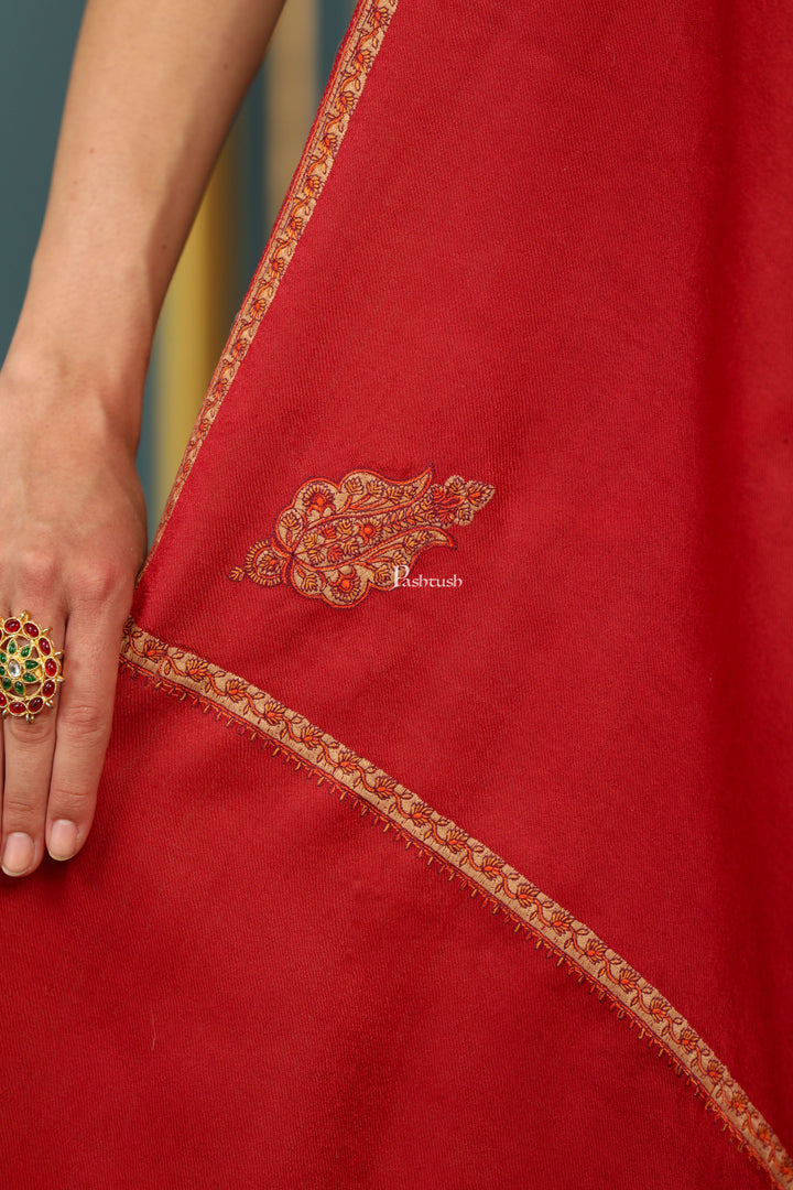 Pashtush India Womens Shawls Pashtush Womens Fine Wool Shawl, Kashmiri Hand Embroidered Kingri Design, Red