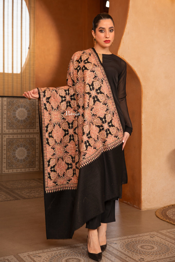 Pashtush India Womens Shawls Pashtush Womens Fine Wool Shawl, Multi Heavy Jaal Design, Black