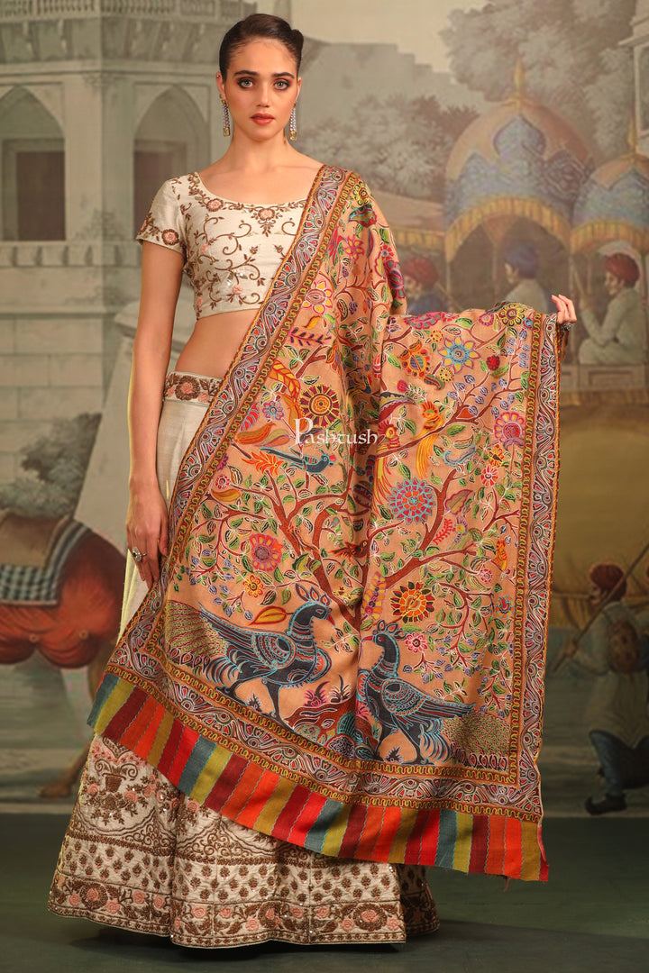 Pashtush India Womens Shawls Pashtush Womens Fine Wool Shawl, Nalki Embroidery Peacock Design, Multicolour