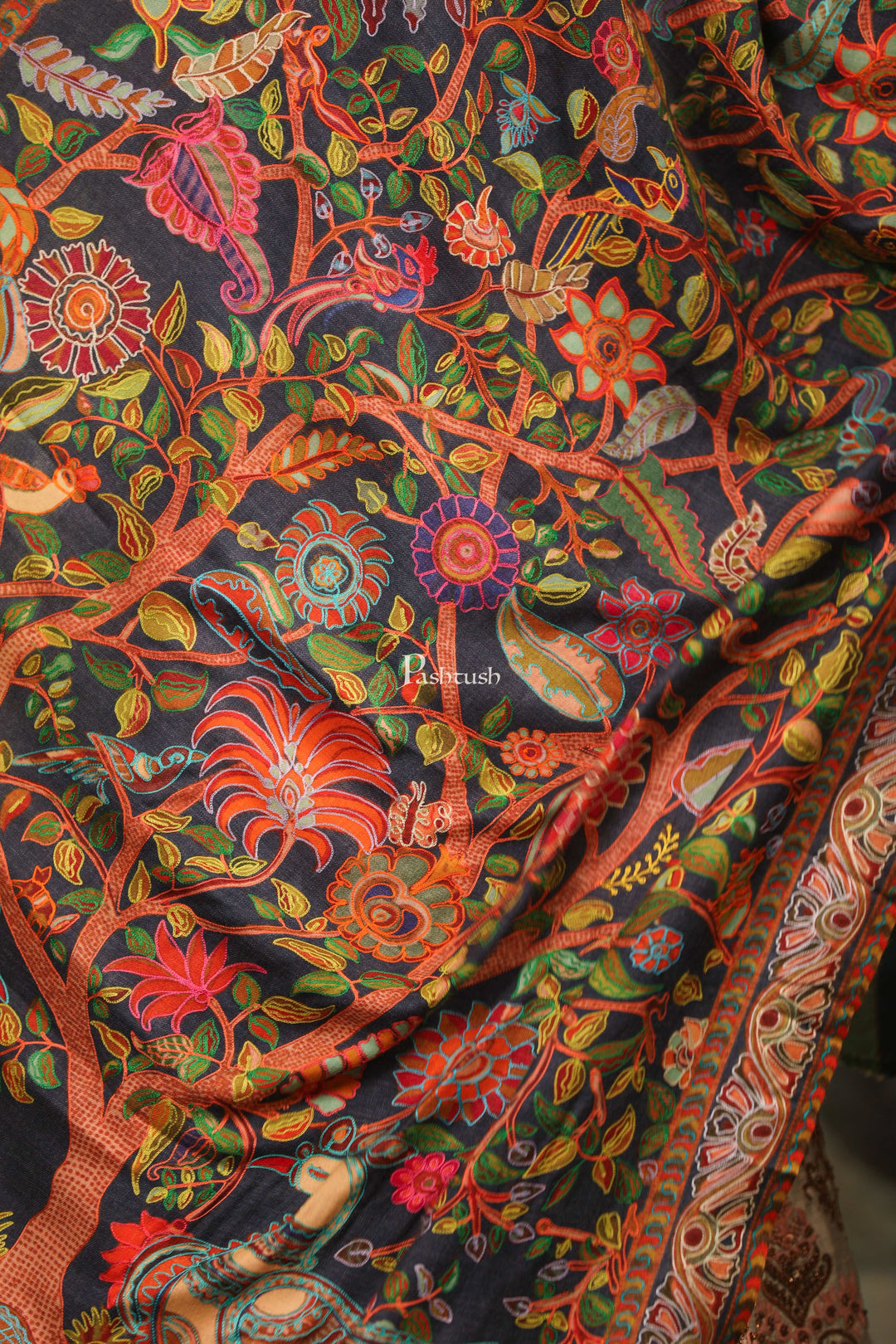 Pashtush India Womens Shawls Pashtush Womens Fine Wool Shawl, Nalki Embroidery Peacock Design, Multicolour