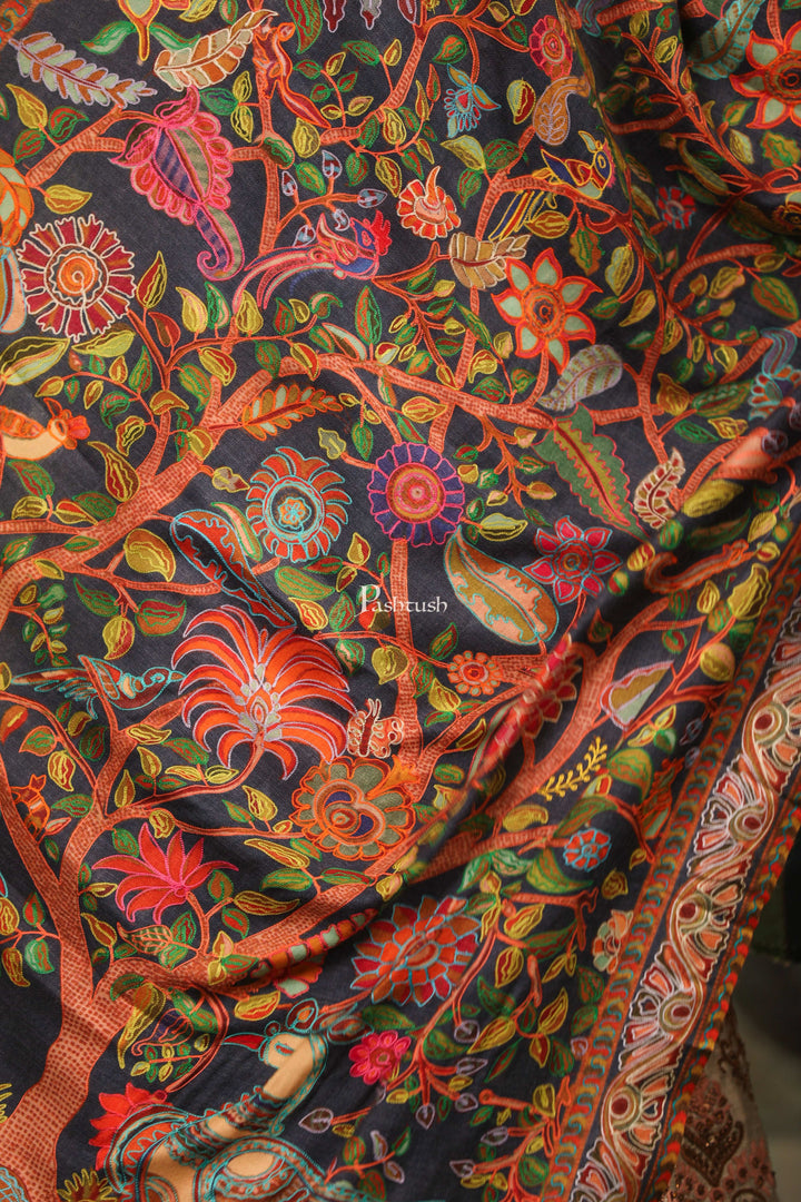 Pashtush India Womens Shawls Pashtush Womens Fine Wool Shawl, Nalki Embroidery Peacock Design, Multicolour