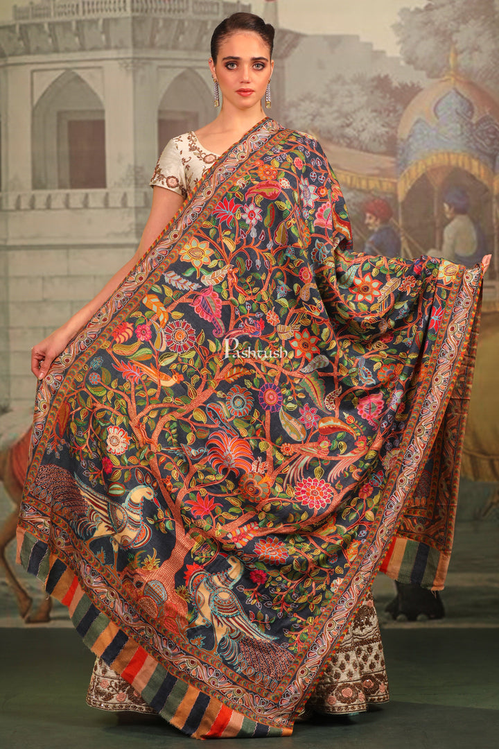 Pashtush India Womens Shawls Pashtush Womens Fine Wool Shawl, Nalki Embroidery Peacock Design, Multicolour