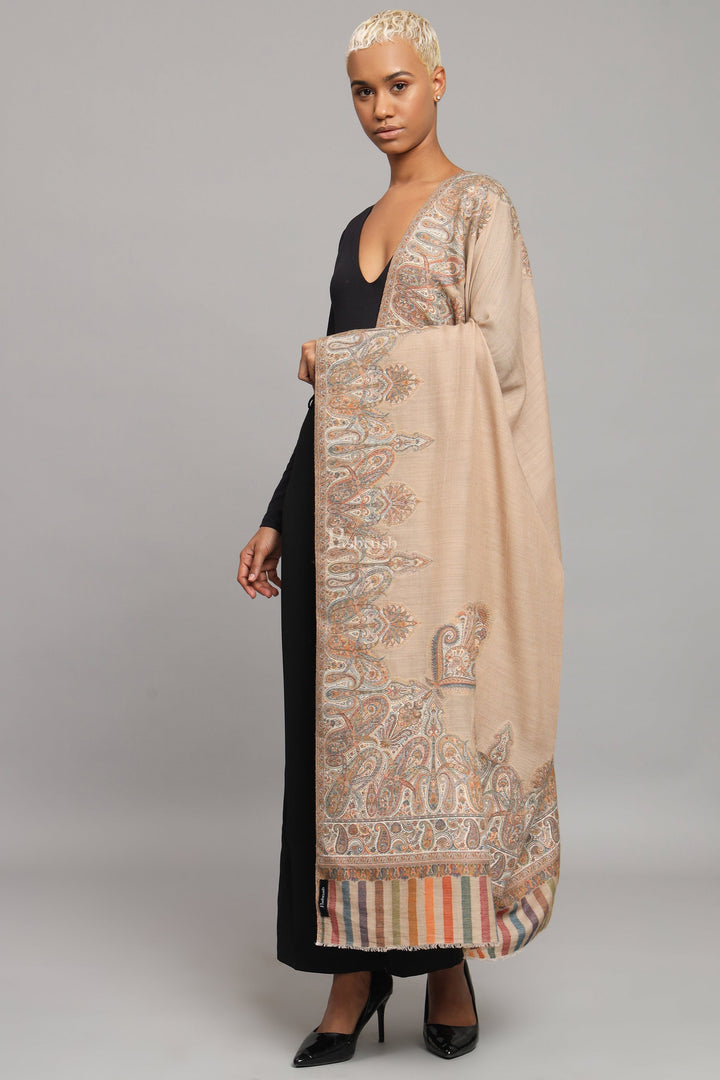 Pashtush India Womens Shawls Pashtush Womens Fine Wool Shawl, Paisley And Border Woven Design, Beige