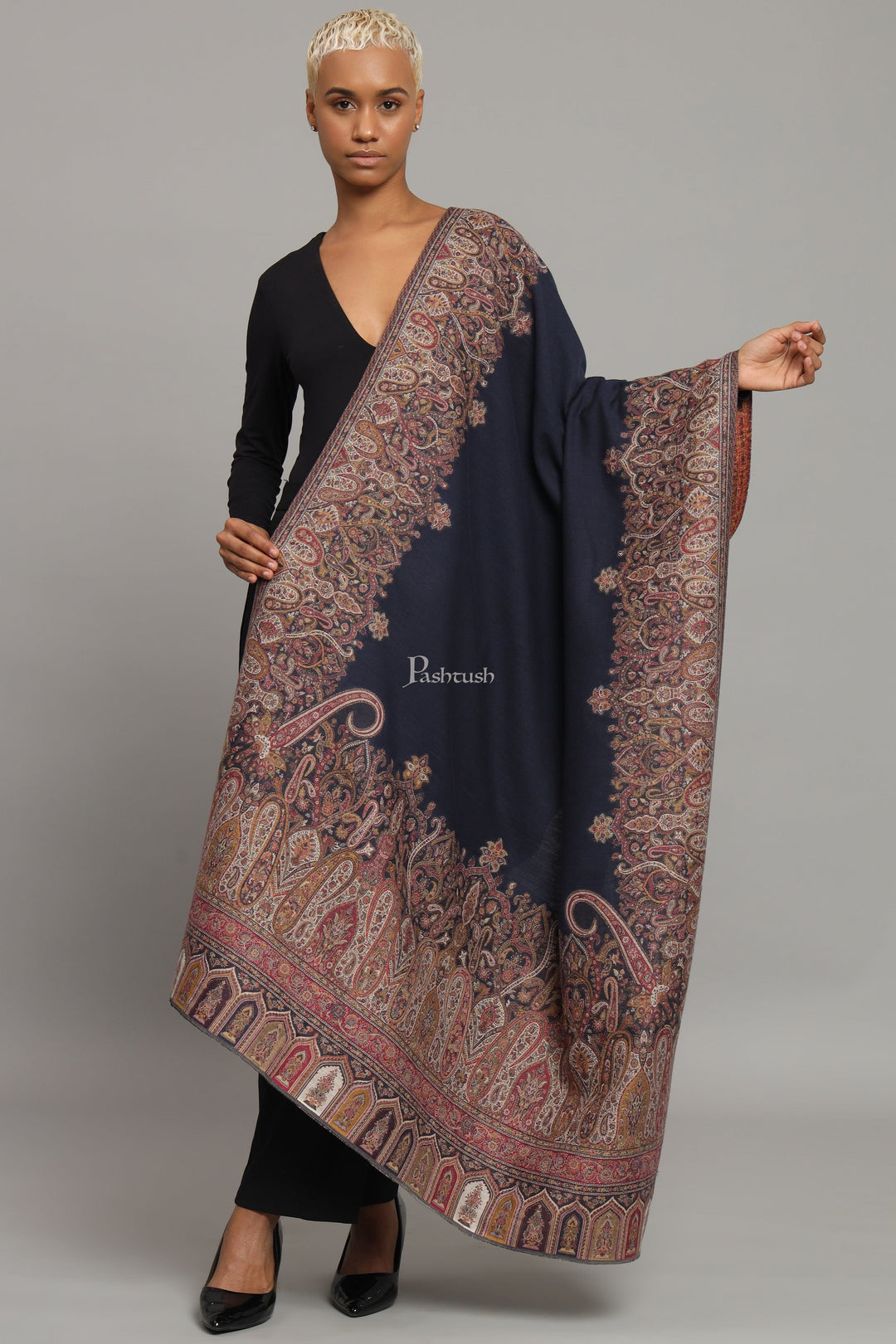 Pashtush India Womens Shawls Pashtush Womens Fine Wool Shawl, Paisley And Border Woven Design, Navy Blue