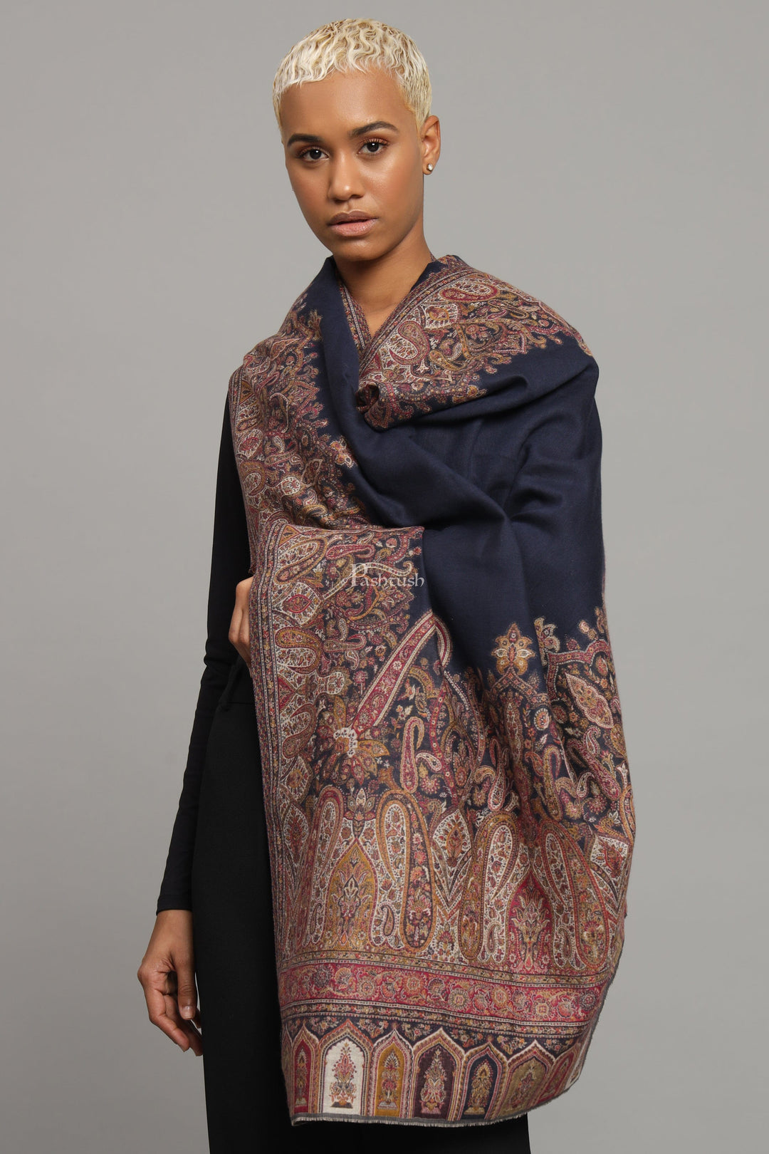 Pashtush India Womens Shawls Pashtush Womens Fine Wool Shawl, Paisley And Border Woven Design, Navy Blue