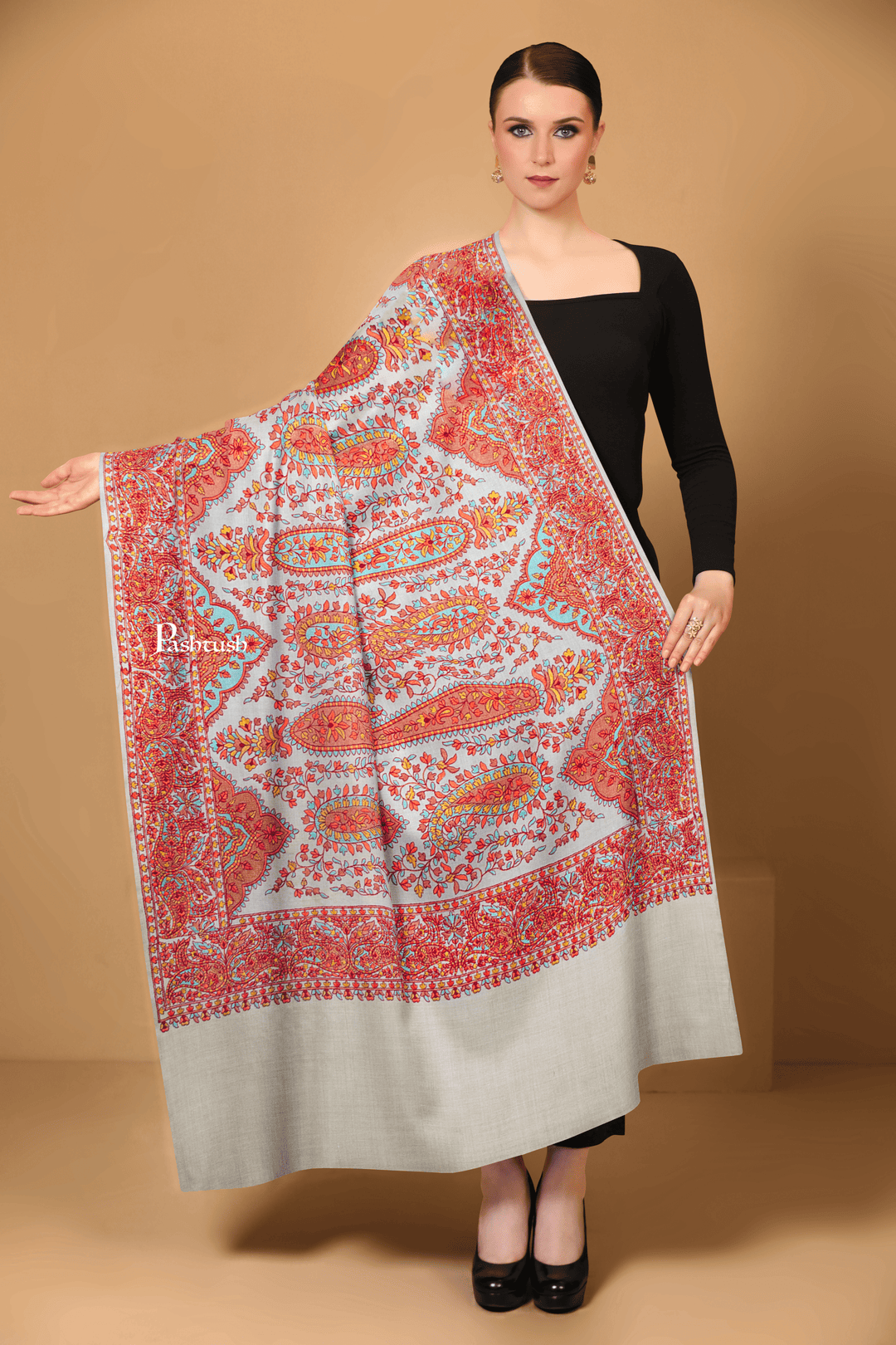 Pashtush India Womens Shawls Pashtush Womens Fine Wool Shawl, Papier Mache Embroidery, Kashmiri Jaal Design, Beige