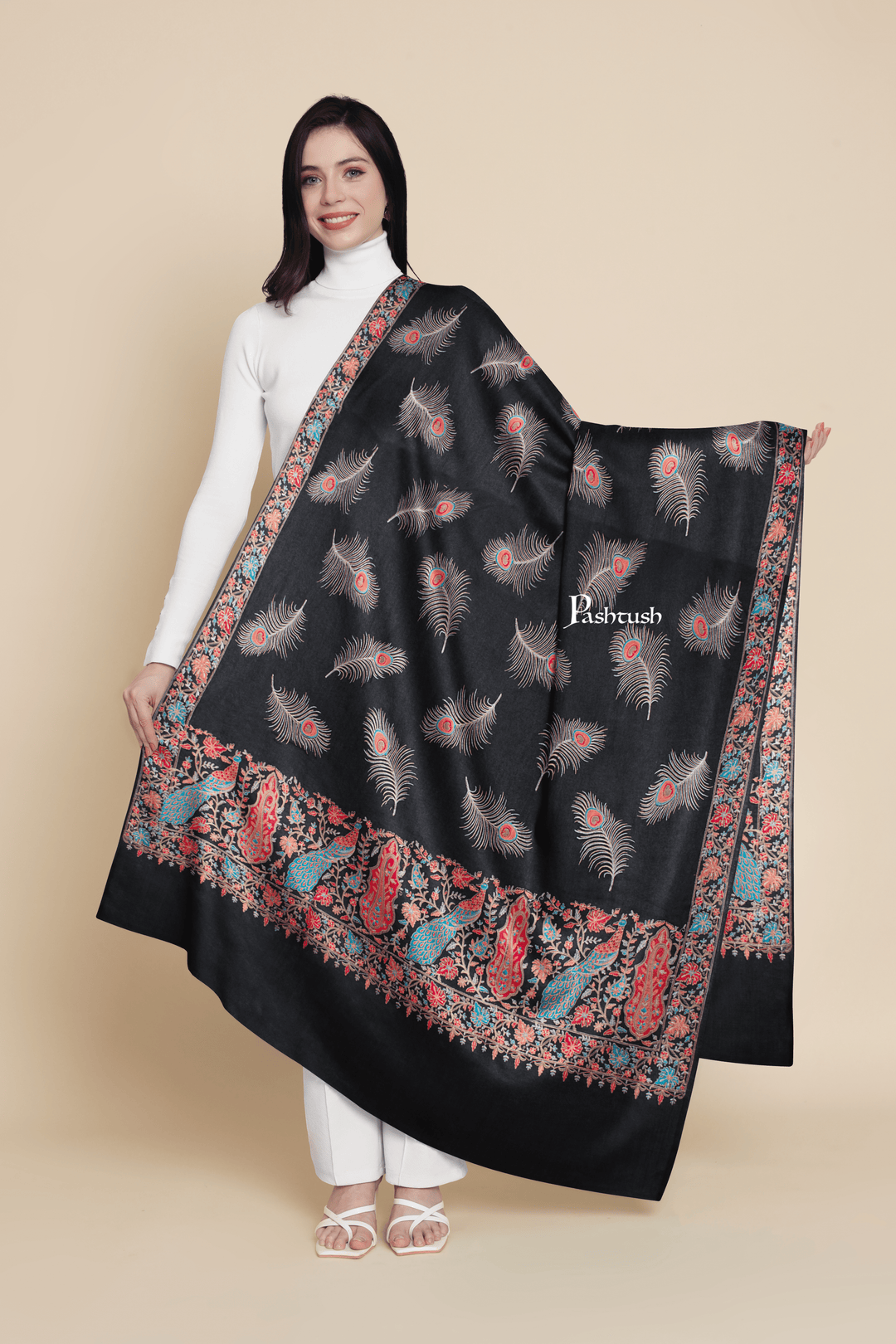 Pashtush India Womens Shawls Pashtush Womens Fine Wool Shawl, Papier Mache Embroidery, Kashmiri Palla Design, Black