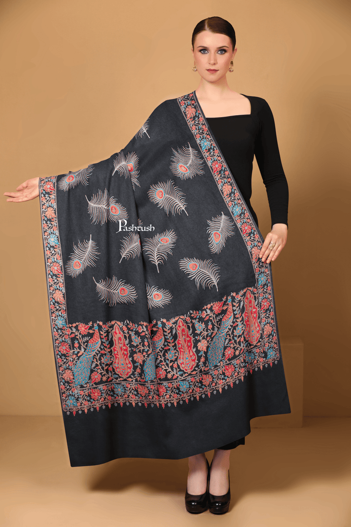 Pashtush India Womens Shawls Pashtush Womens Fine Wool Shawl, Papier Mache Embroidery, Kashmiri Palla Design, Black