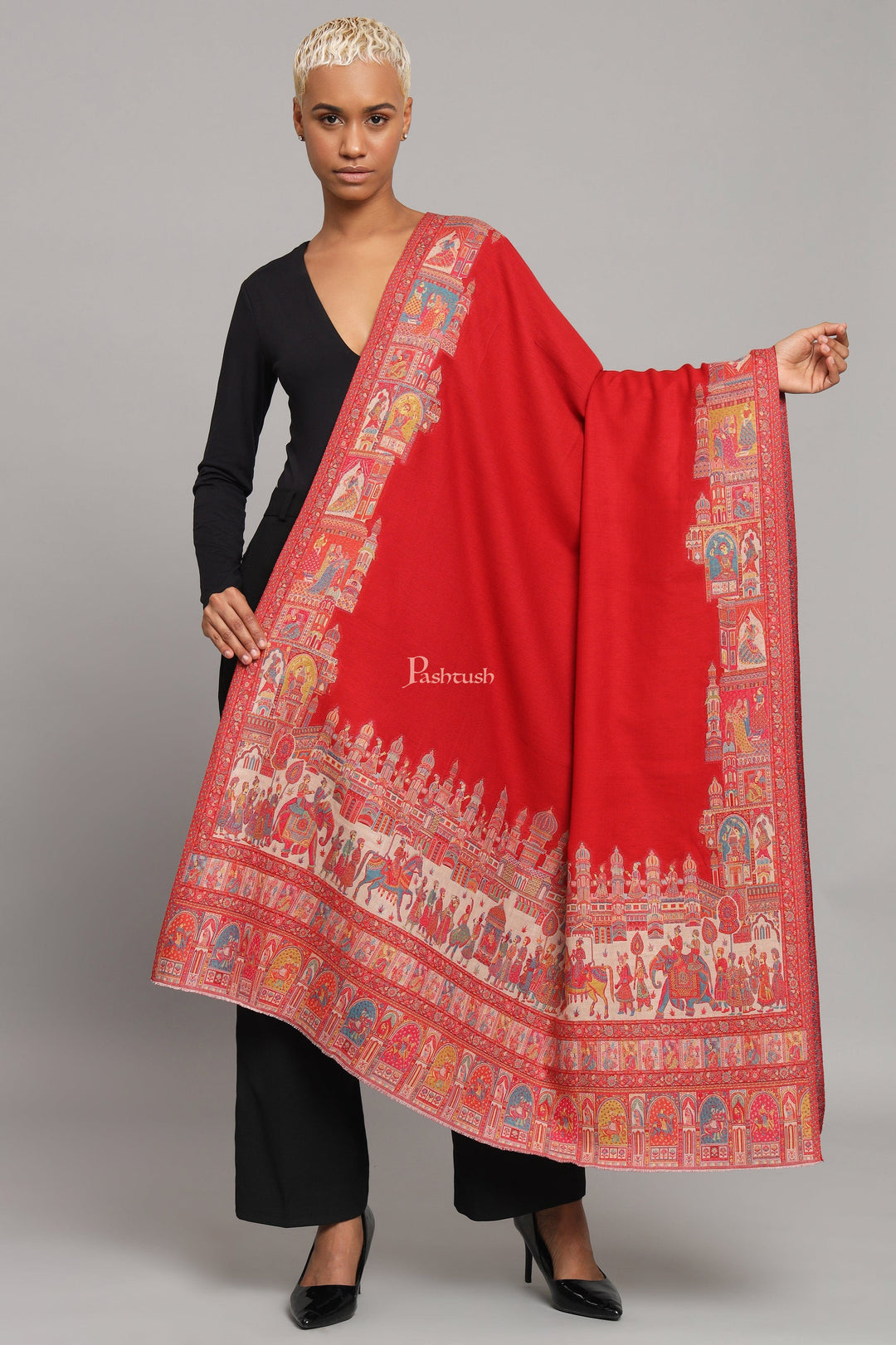 Pashtush India Womens Shawls Pashtush Womens Fine Wool Shawl, Royal Darbar Palla, Woven Design, Red And Beige