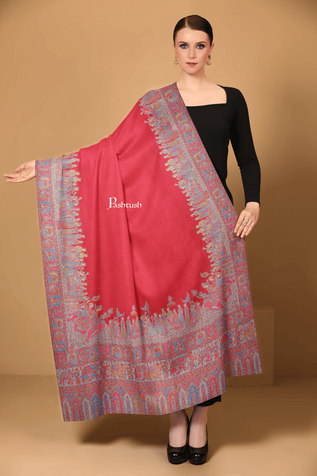 Pashtush India Womens Shawls Pashtush Womens Fine Wool Shawl, Royal Darbar Palla, Woven Design, Red And Beige