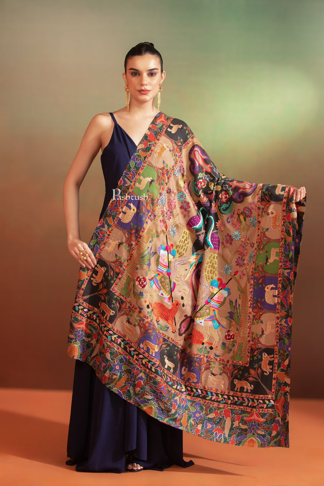Pashtush India Womens Shawls Pashtush Womens Fine Wool Shawl, Shikaar-Dar Hand Embroidered Design, Multicolour