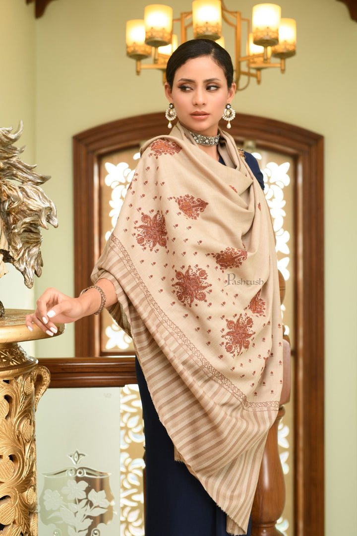 Pashtush India Womens Shawls Pashtush Womens Fine Wool Shawl, Stitched Stripe Palla, Kashmiri Embroidery, Beige