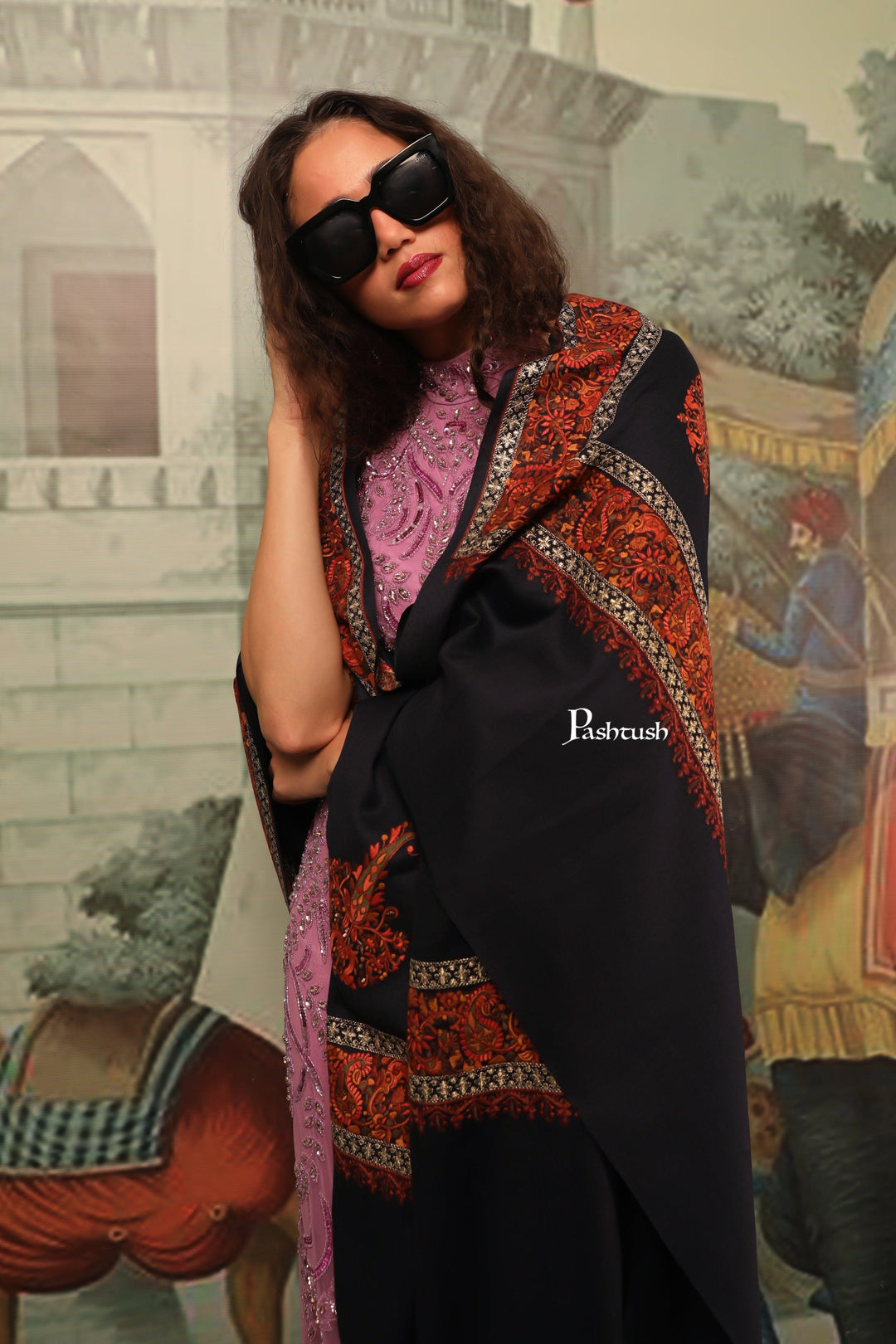 Pashtush India Womens Shawls Pashtush Womens Fine Wool Shawl, Tilla Border Shawl, Challa Daur With Metallic Detailing Design, Blue