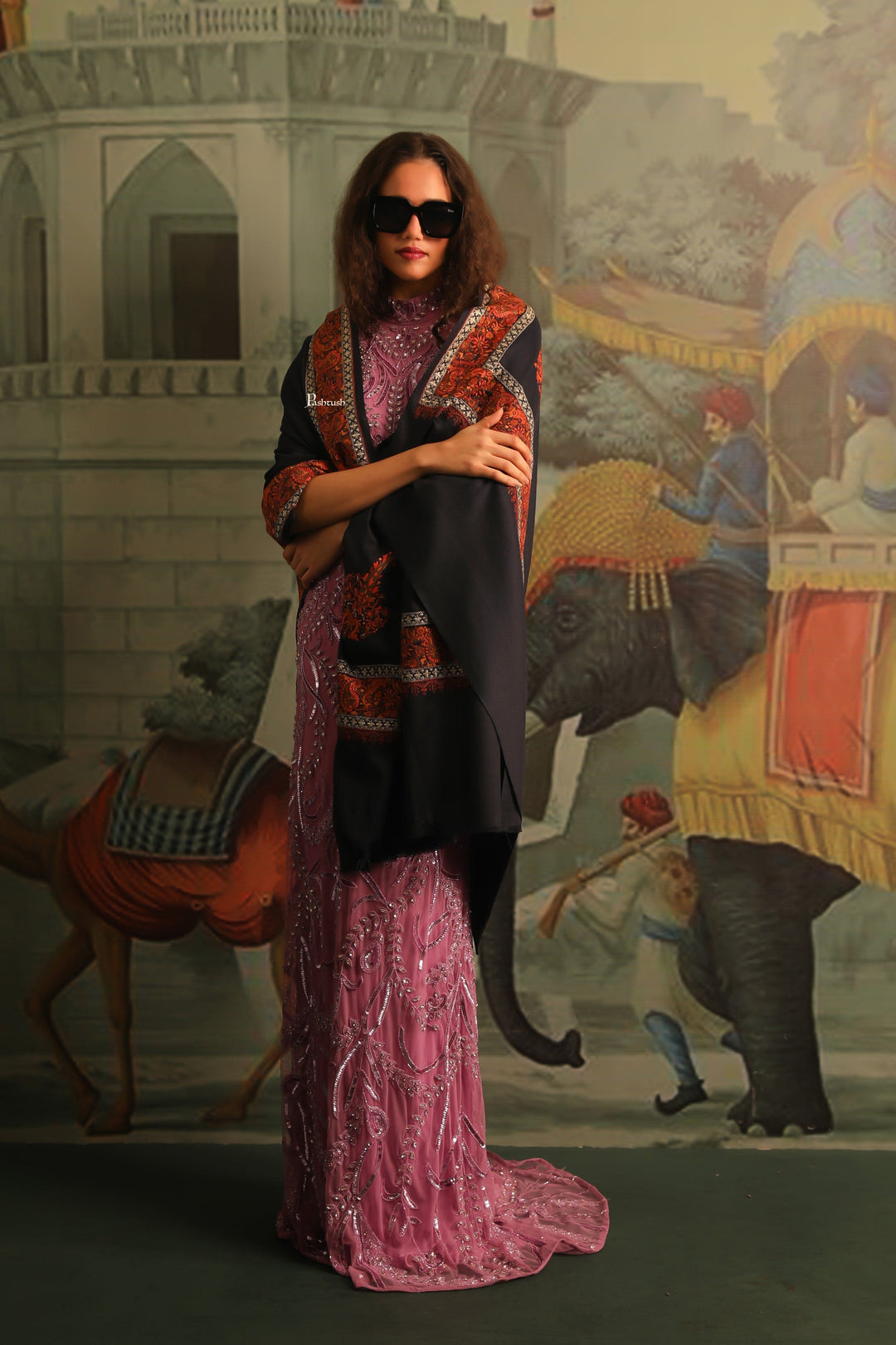 Pashtush India Womens Shawls Pashtush Womens Fine Wool Shawl, Tilla Border Shawl, Challa Daur With Metallic Detailing Design, Blue