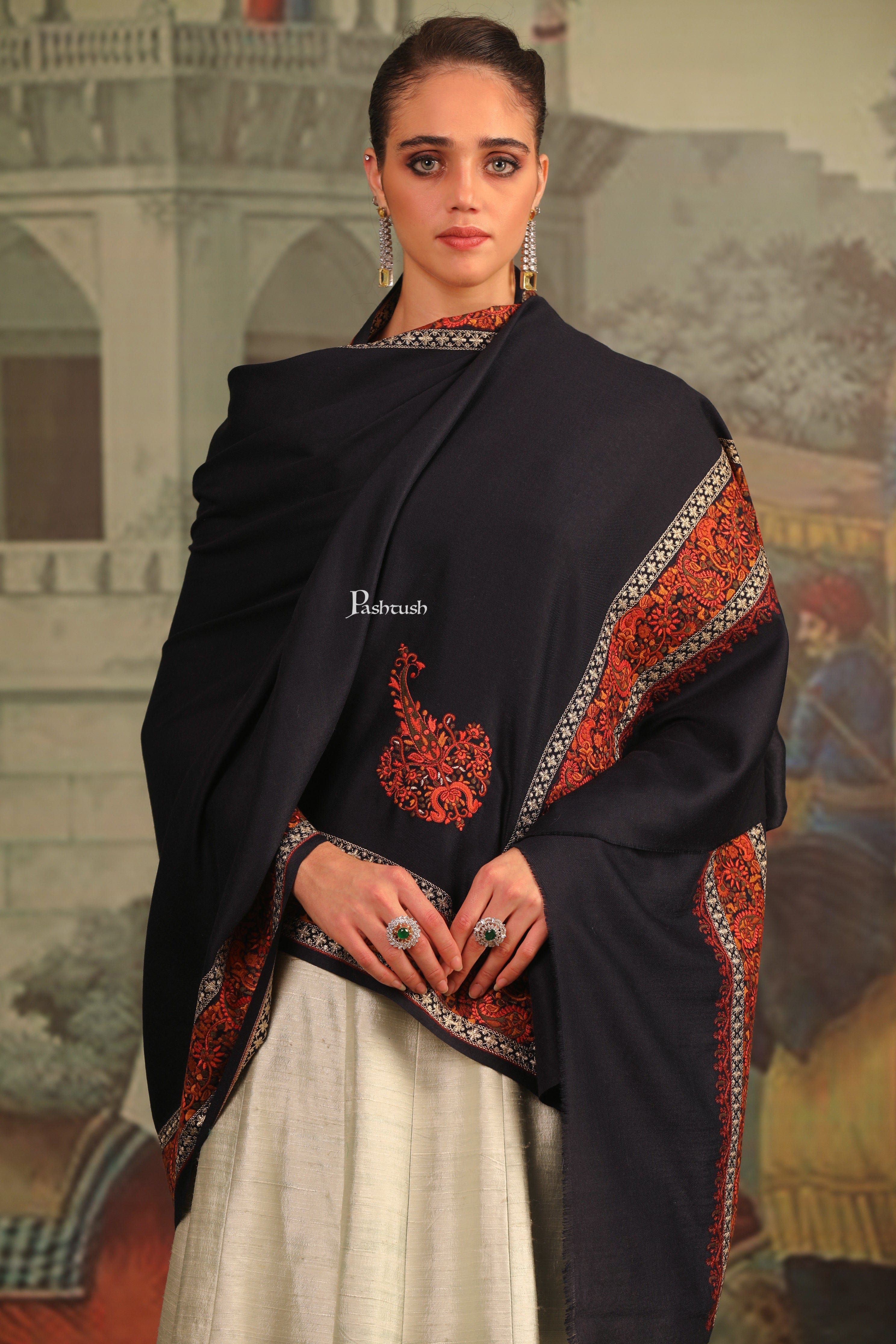 Pashtush Womens Fine Wool Shawl, Tilla Border Shawl, Challa Daur
