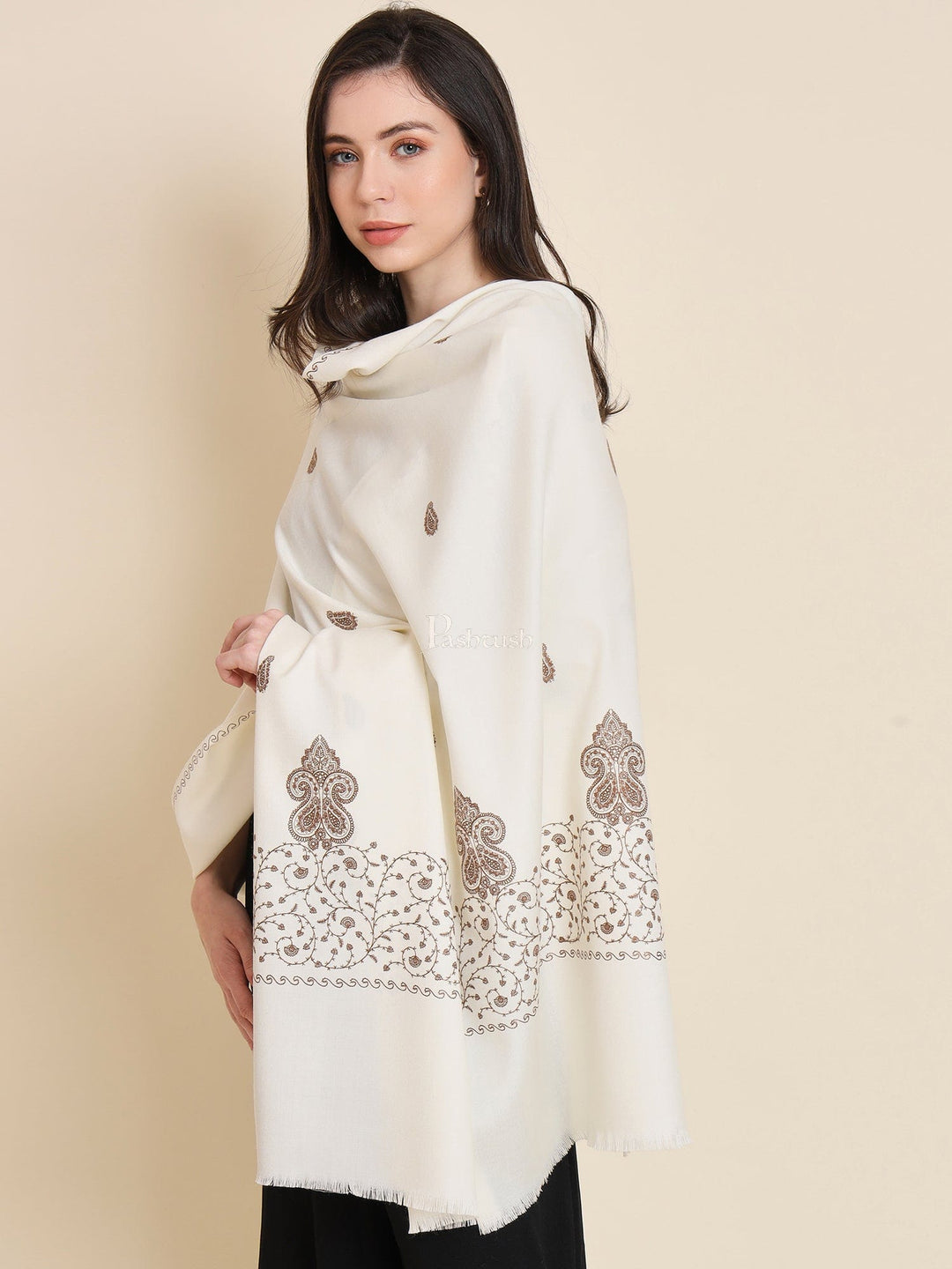 Pashtush India Womens Shawls Pashtush womens Fine Wool shawl, tone and tone embroidery paisley palla design, Ivory