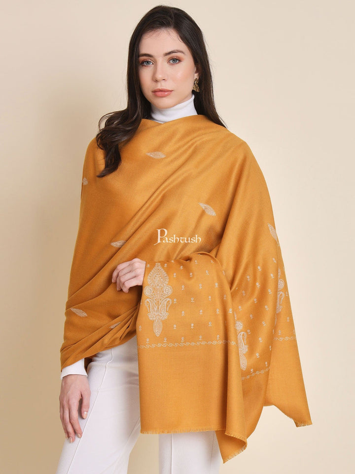 Pashtush India Womens Shawls Pashtush womens Fine Wool shawl, tone and tone embroidery paisley palla design, Mustard