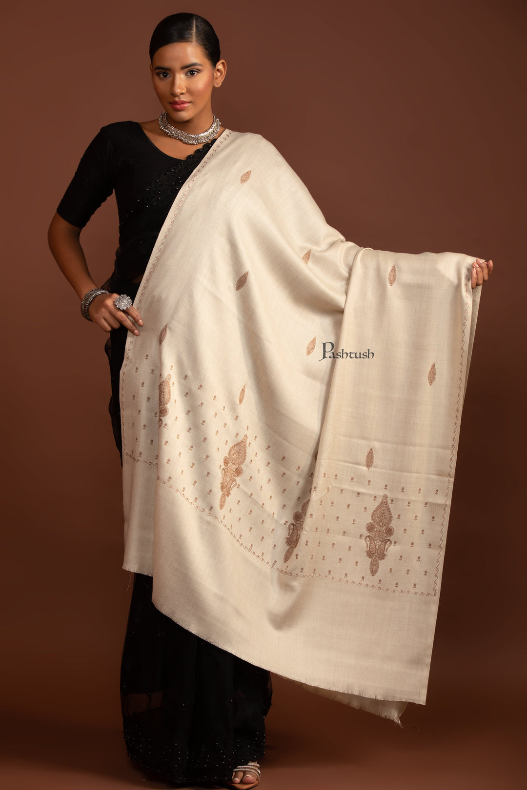 Pashtush India Womens Shawls Pashtush Womens Fine Wool Shawl, Tone On Tone Embroidery, Beige