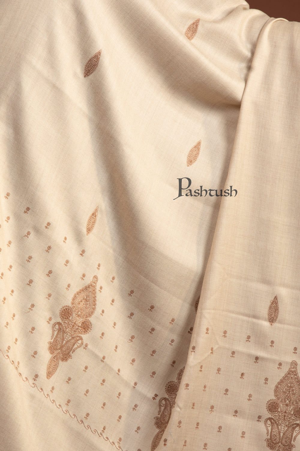 Pashtush India Womens Shawls Pashtush Womens Fine Wool Shawl, Tone On Tone Embroidery, Beige