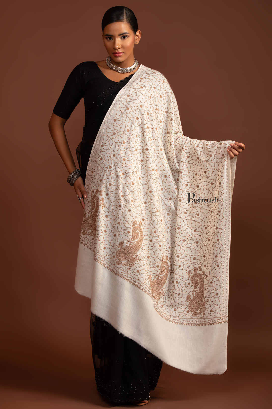 Pashtush India Womens Shawls Pashtush Womens Fine Wool Shawl, Tone On Tone Embroidery, Ivory