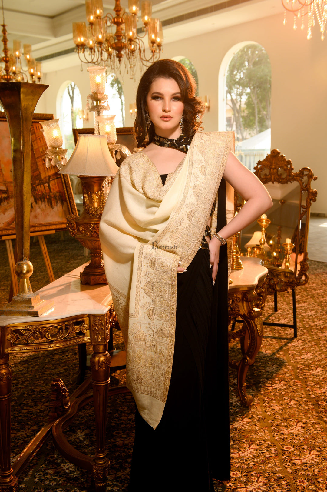 Pashtush India Womens Shawls Pashtush Womens Fine Wool Shawl, Twilight Collection, Persian Palace Dreams Design, Ivory