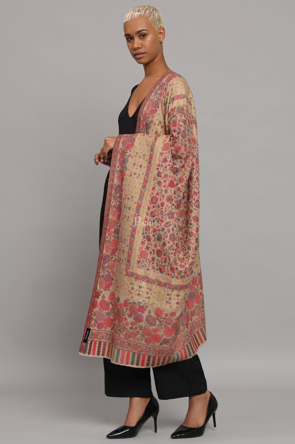 Pashtush India Womens Shawls Pashtush Womens Fine Wool Shawl, Twilight Collection, Woven With Metallic Floral Design, Beige