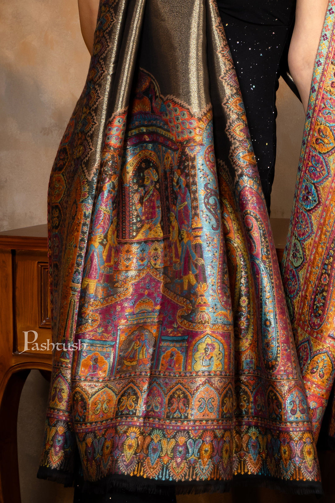 Pashtush India Womens Shawls Pashtush Womens Fine Wool Shawl, Twilight Darbar Palla Design, Multicolour