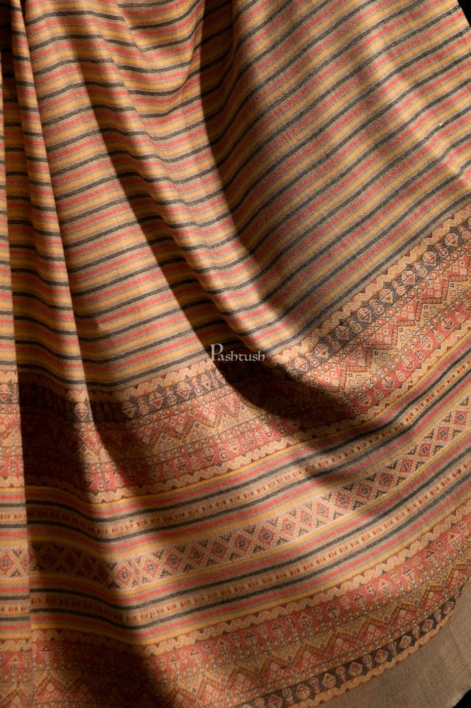 Pashtush India Womens Shawls Pashtush Womens Fine Wool Shawl, With Aztec Weave Striped Palla, Taupe