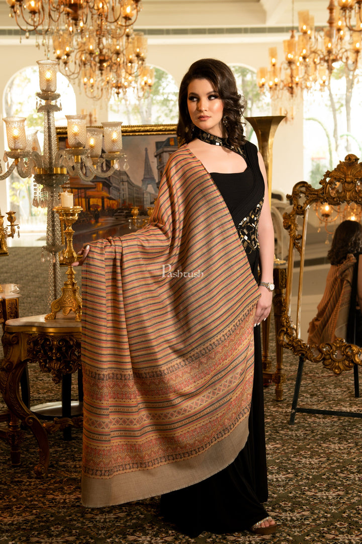 Pashtush India Womens Shawls Pashtush Womens Fine Wool Shawl, With Aztec Weave Striped Palla, Taupe