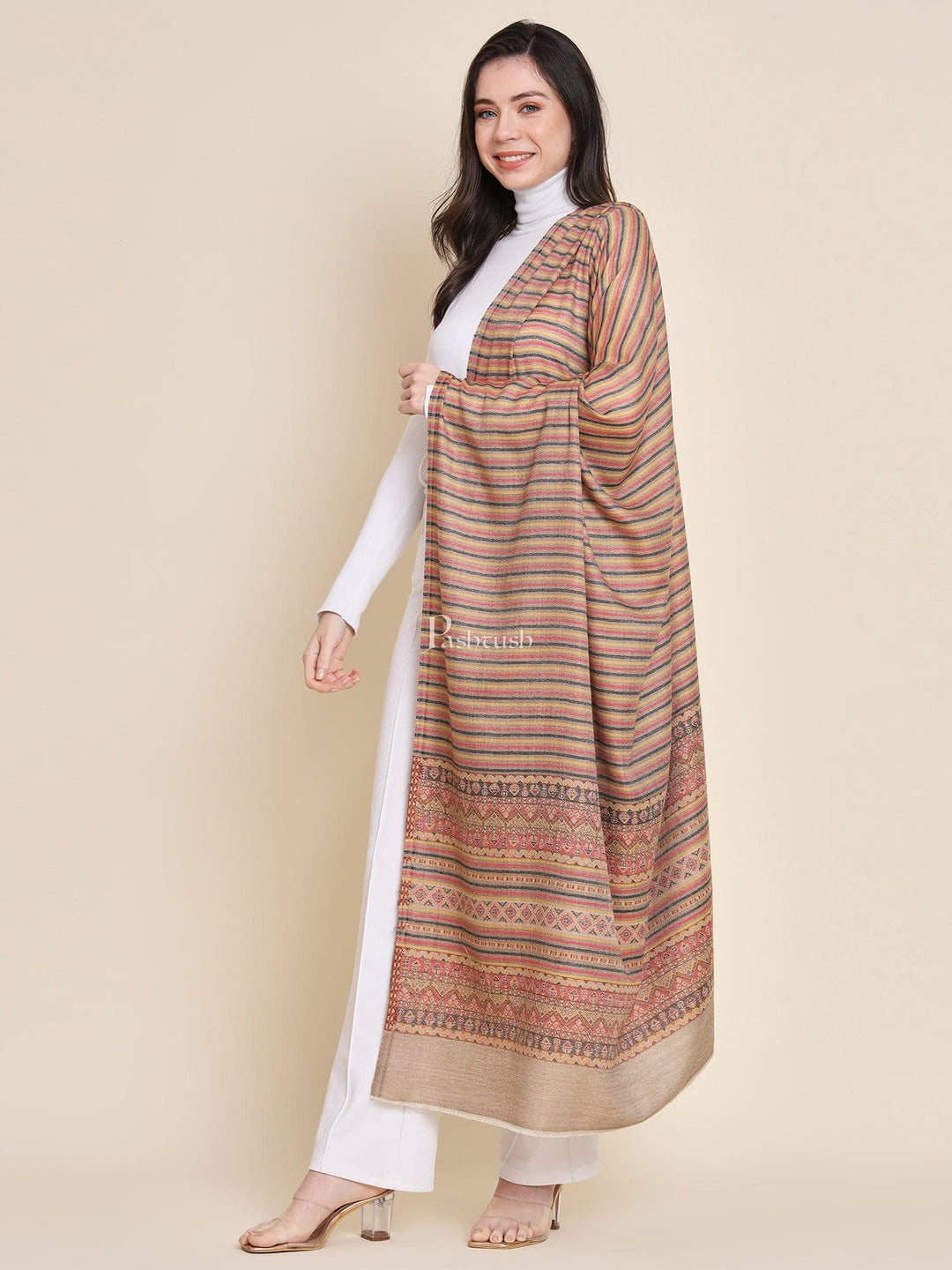 Pashtush India Womens Shawls Pashtush Womens Fine Wool Shawl, With Aztec Weave Striped Palla, Taupe