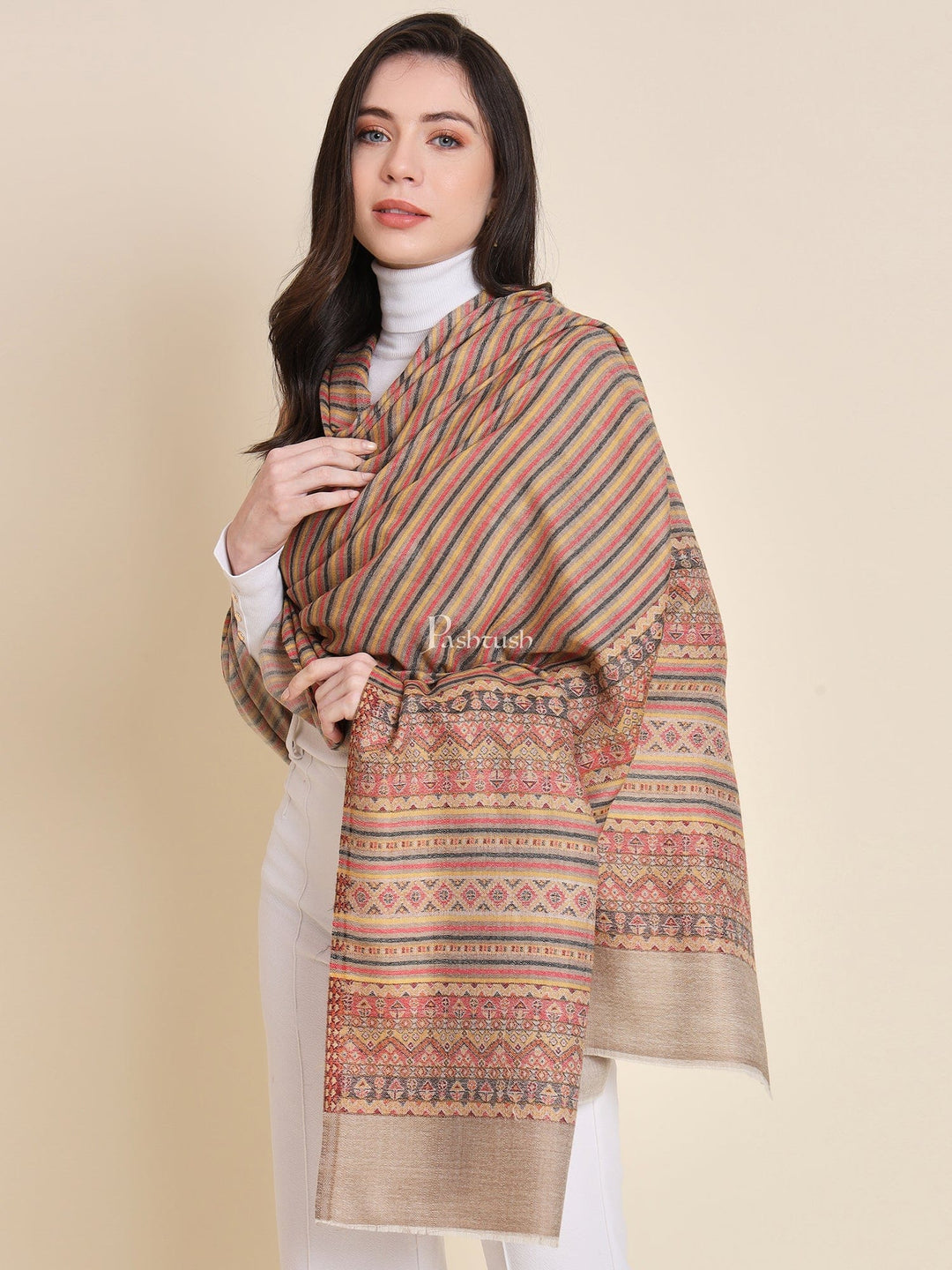 Pashtush India Womens Shawls Pashtush Womens Fine Wool Shawl, With Aztec Weave Striped Palla, Taupe