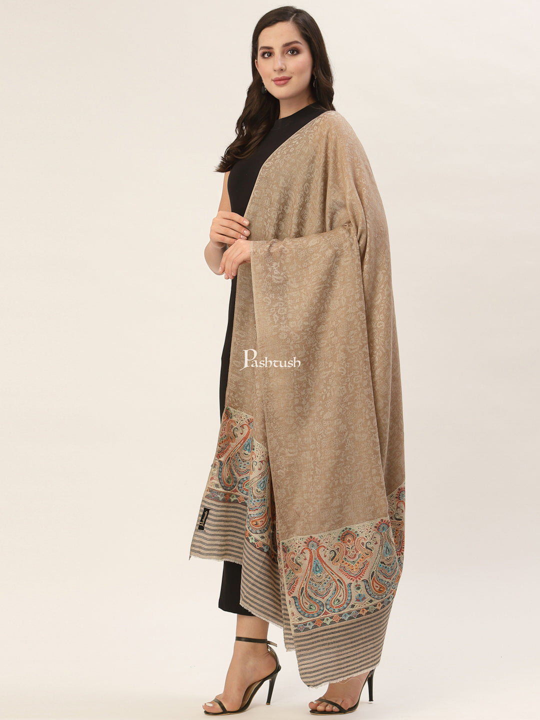 Pashtush India Womens Shawls Pashtush Womens Fine Wool Shawl, With Ethnic Palla Weave