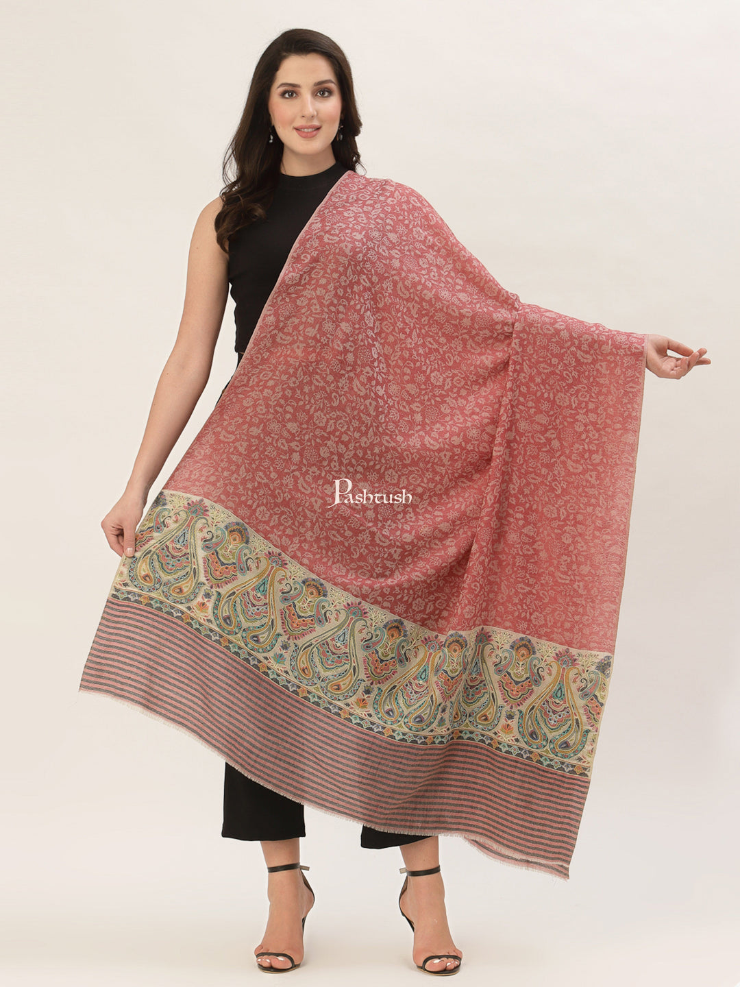 Pashtush India Womens Shawls Pashtush Womens Fine Wool Shawl, With Ethnic Palla Weave