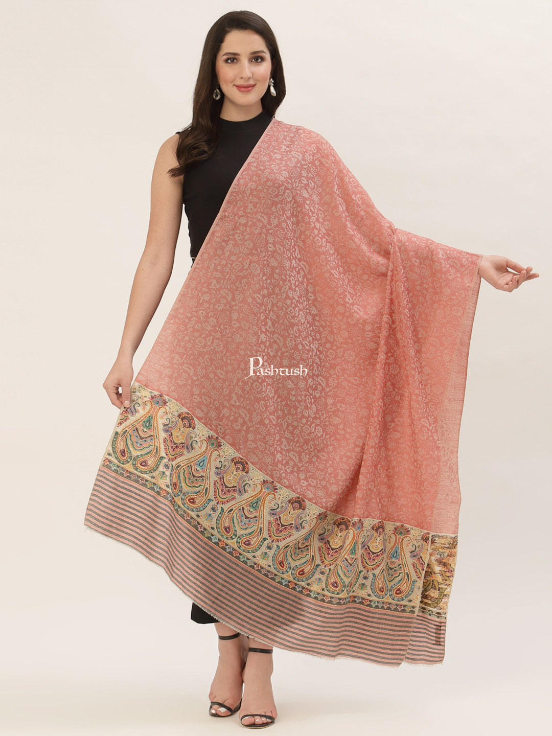 Pashtush India Womens Shawls Pashtush Womens Fine Wool Shawl, With Ethnic Palla Weave