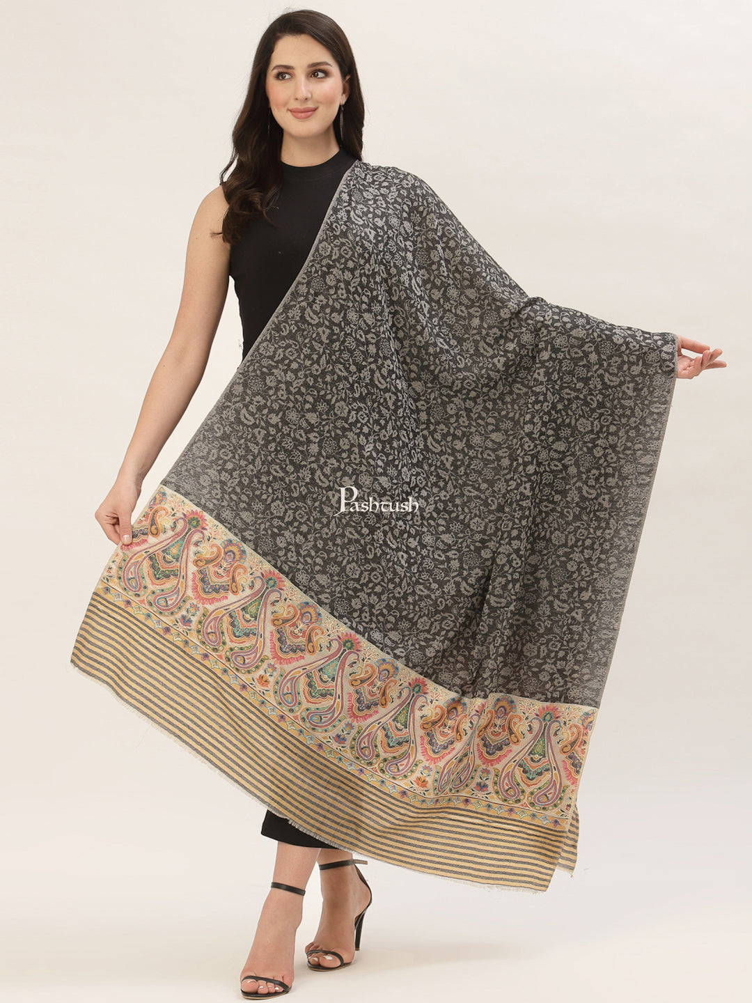 Pashtush India Womens Shawls Pashtush Womens Fine Wool Shawl, With Ethnic Palla Weave