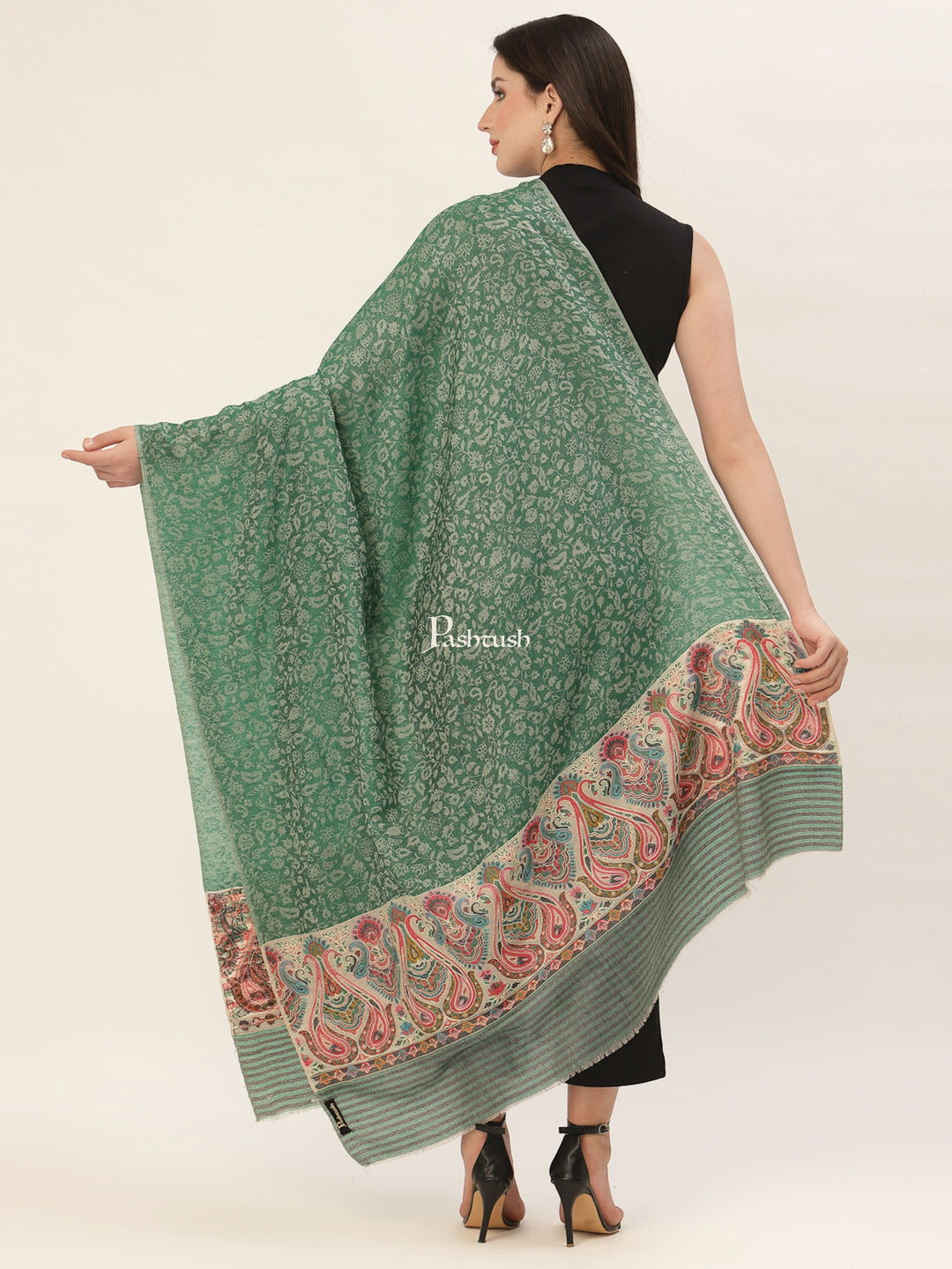 Pashtush India Womens Shawls Pashtush Womens Fine Wool Shawl, With Ethnic Palla Weave