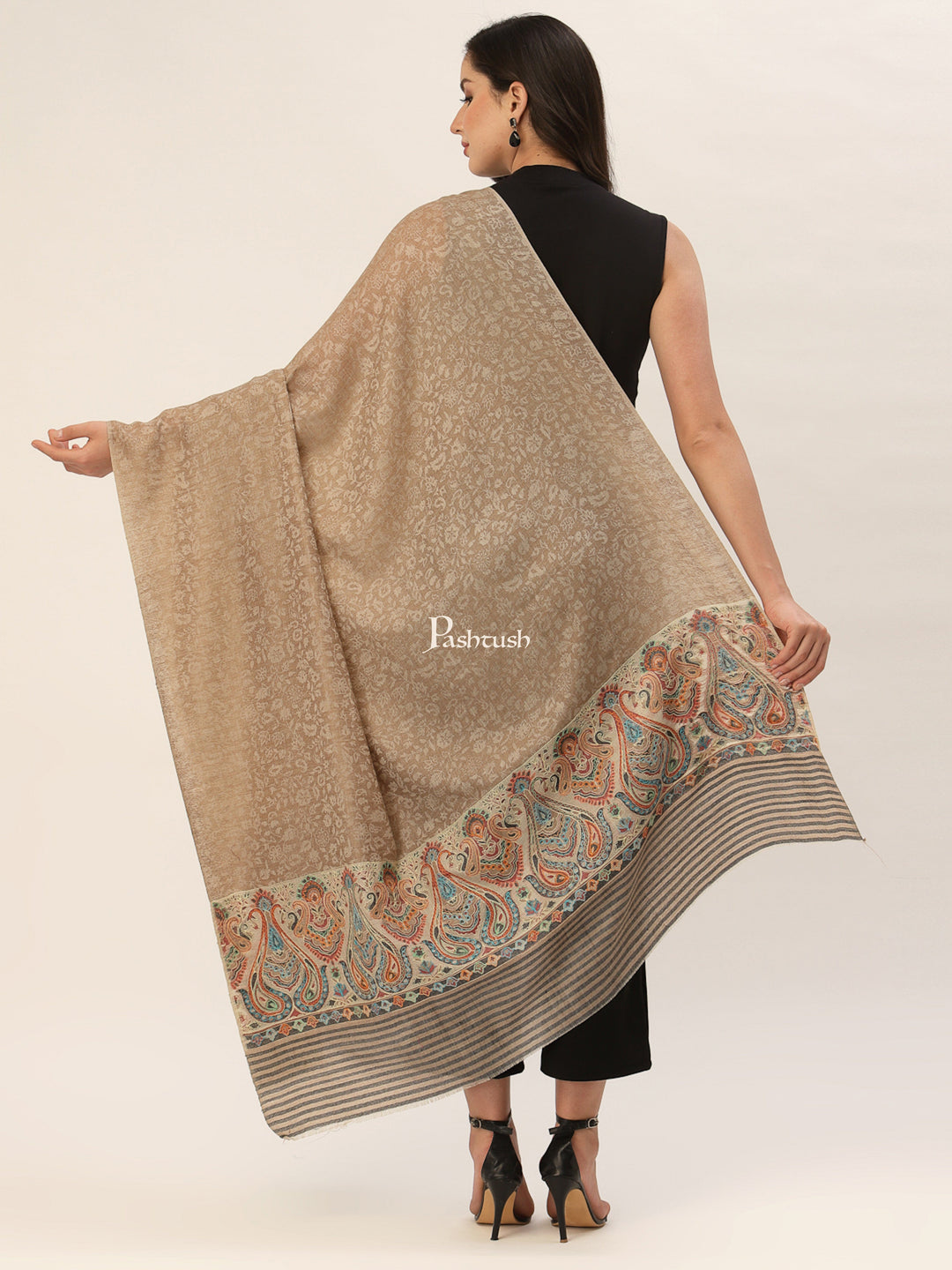 Pashtush India Womens Shawls Pashtush Womens Fine Wool Shawl, With Ethnic Palla Weave