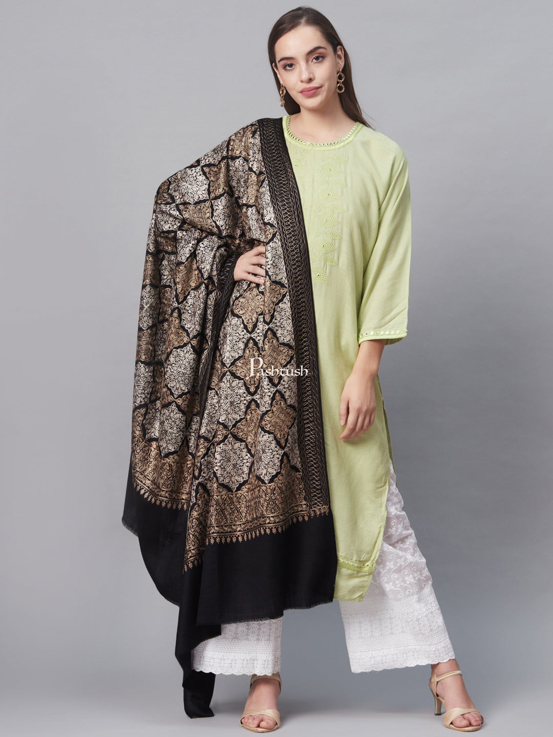 Pashtush India Womens Shawls Pashtush Womens Fine Wool, Silky Nalki Embroidery Needlework Shawl, Black